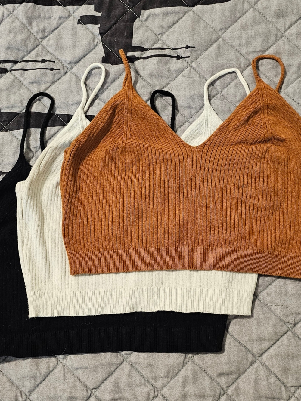 SHEIN Ribbed Knit Crop Tank Tops - Brown, White, Black (3-Pack)